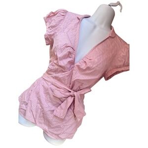 Y2K 2000s style Office Siren Express Pink Pinstripe Wrap Top Blouse